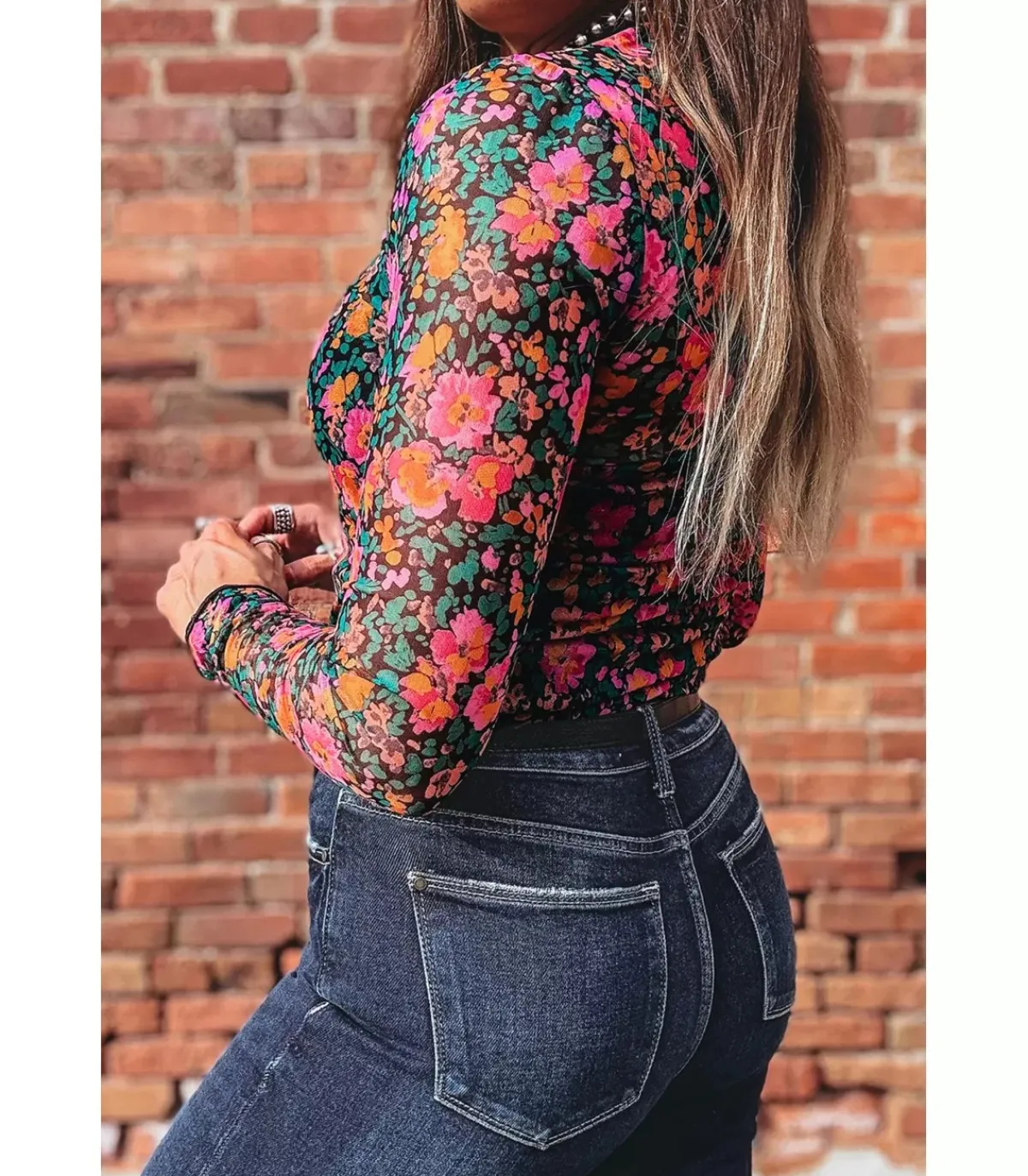 LC Pinkki pitkähihainen mesh-kukkapaita (plus size)