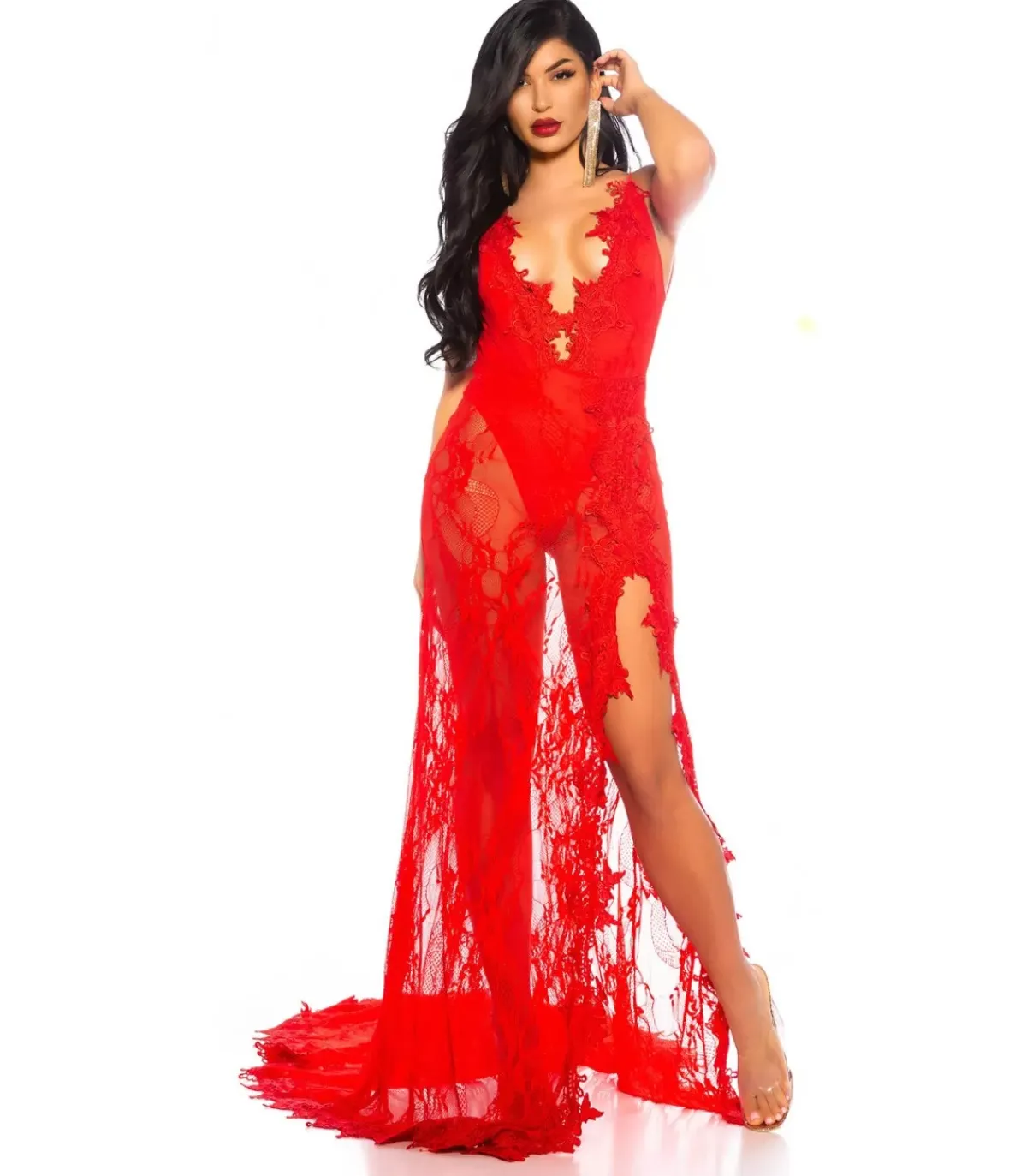 Koucla Punainen pitkä pitsinen v-bodymekko