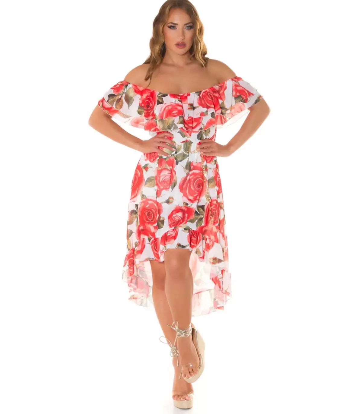 Koucla Punainen ruusukuvioinen off-shoulder high low -mekko ketjuvyöllä