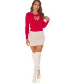 Koucla Punainen strassiniittikoristeinen neule sydänkurkistusaukolla