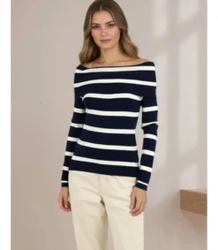 Rosy Days mustavalkoinen raidallinen off-shoulder neulepaita