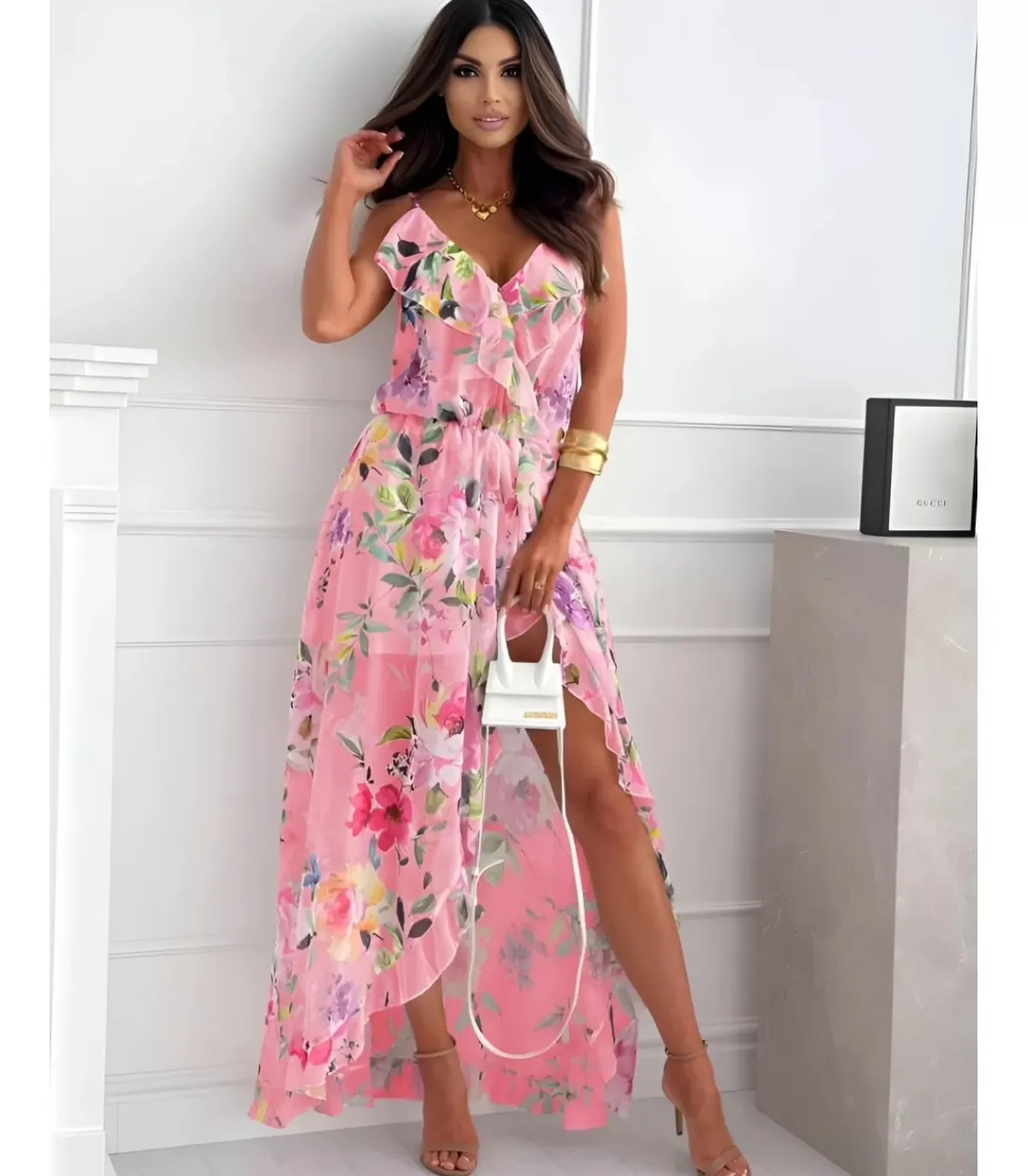 Hersecret Rosy Days vaaleanpunainen kukkakuvioinen high low -mekko