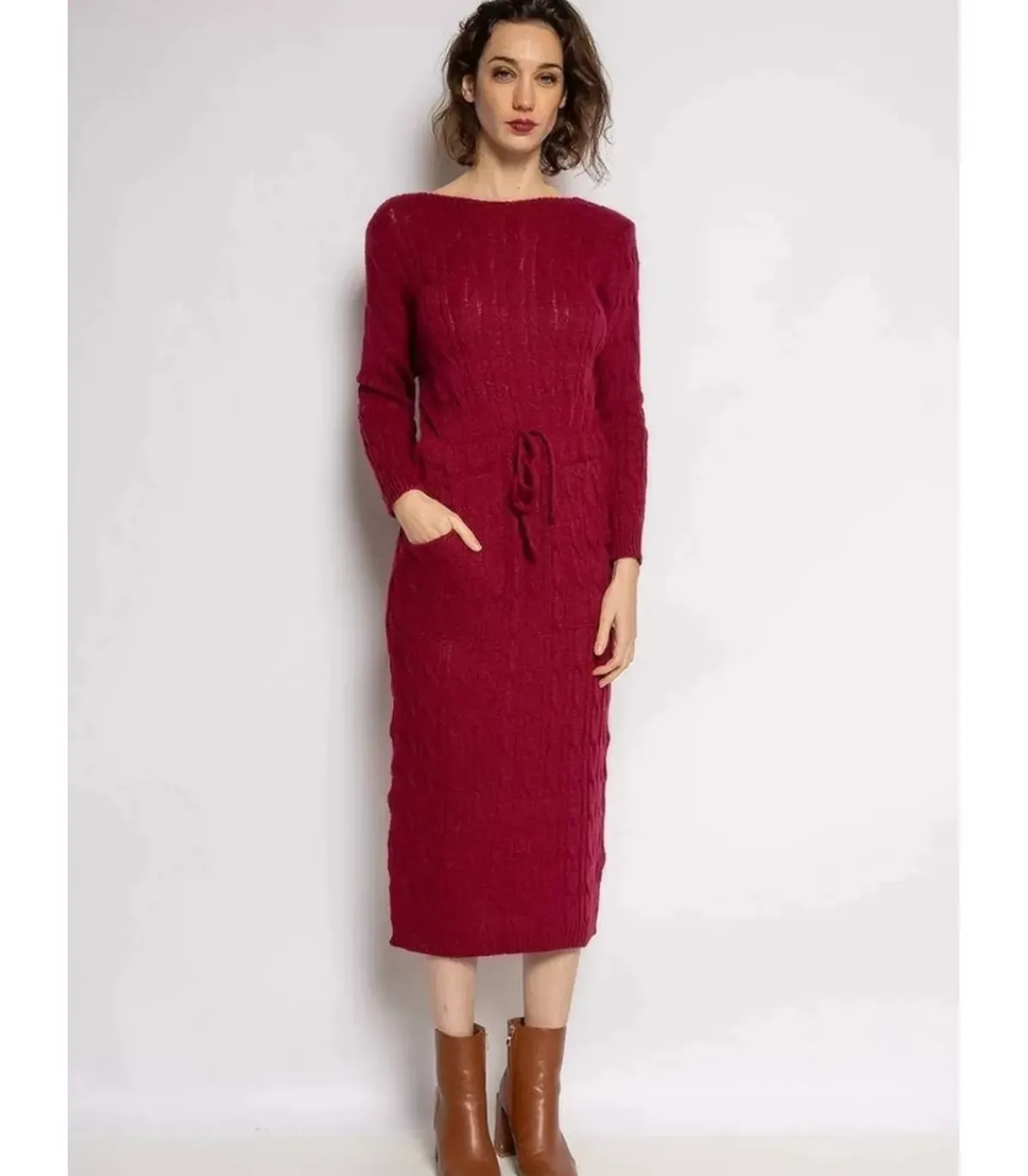 RZ fashion viininpunainen midineulemekko taskuilla
