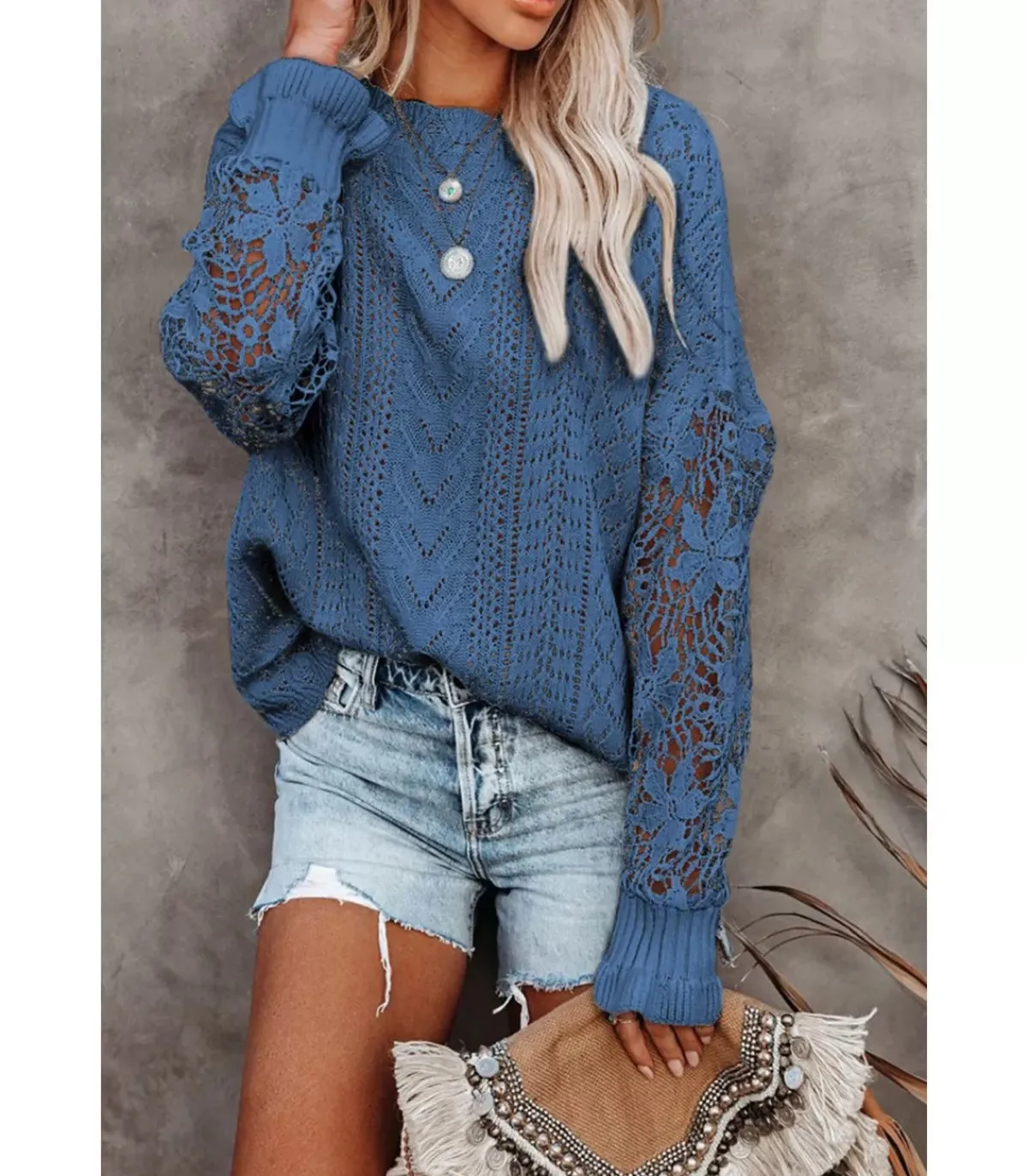 LC Sininen villapaita virkatuilla hihoilla