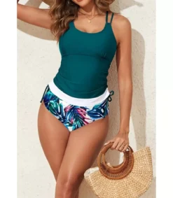 LC Tuanvihreä tankini + ehtikuvioiet korkeavyötäröiet bikinihouut