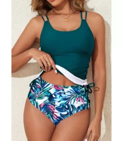 LC Tuanvihreä tankini + ehtikuvioiet korkeavyötäröiet bikinihouut