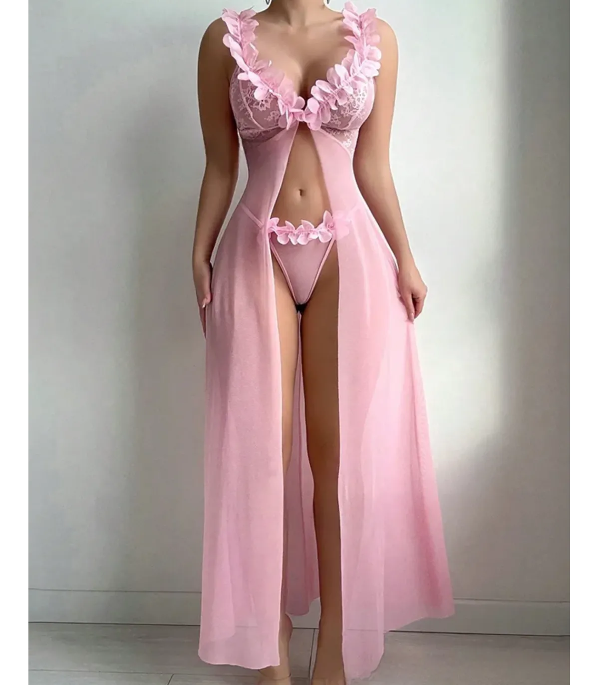 Hersecret Vaaleanpunainen avonainen pitkä babydoll koristeilla