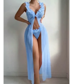 Hersecret Vaaleansininen avonainen pitkä babydoll koristeilla