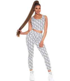 Koucla Valkoinen crop top printtikuvioinen joggerisetti