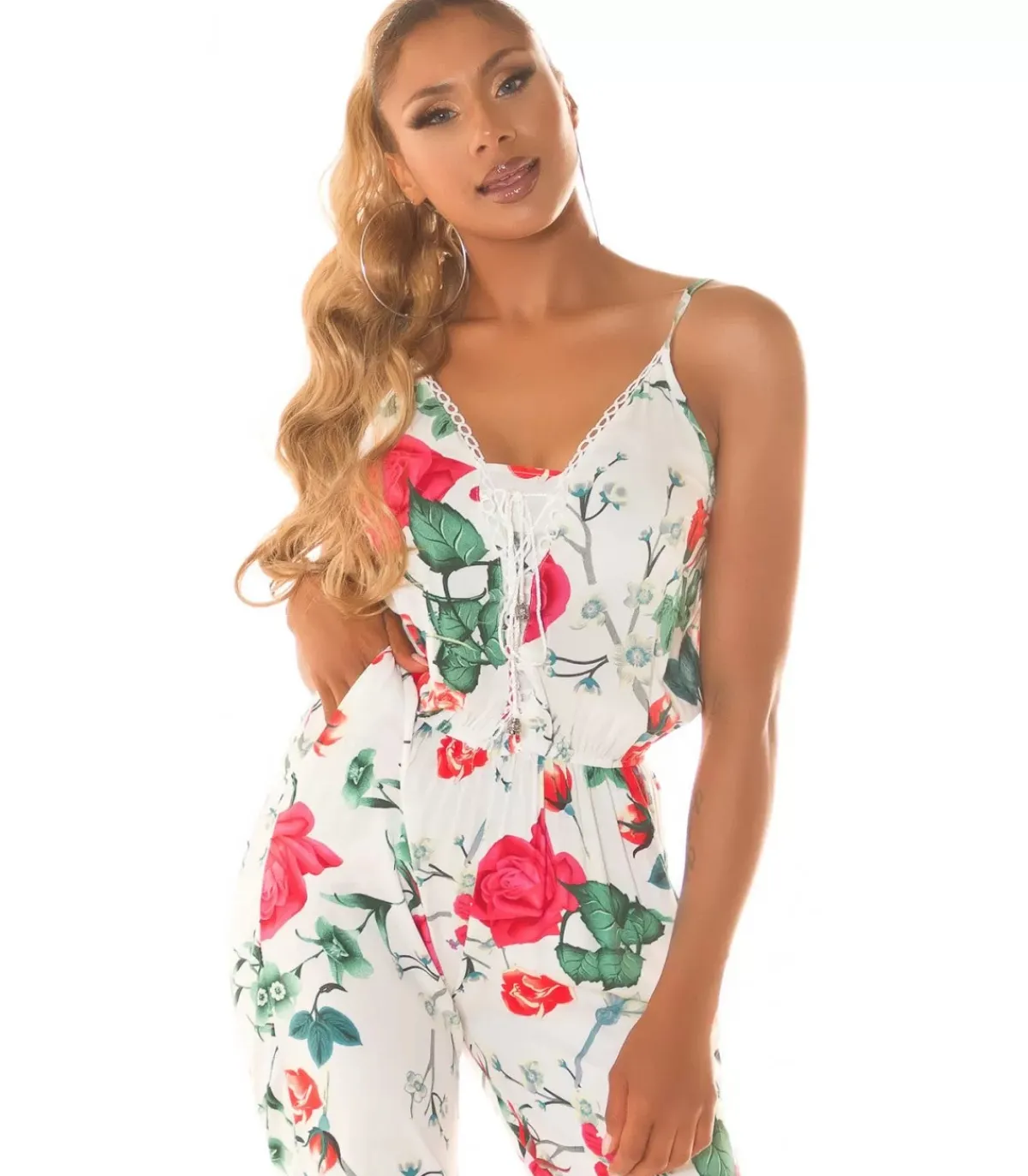 Koucla Valkoinen kukkakuvioinen jumpsuit nyörityksellä