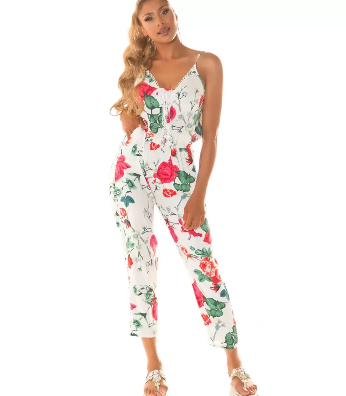 Koucla Valkoinen kukkakuvioinen jumpsuit nyörityksellä