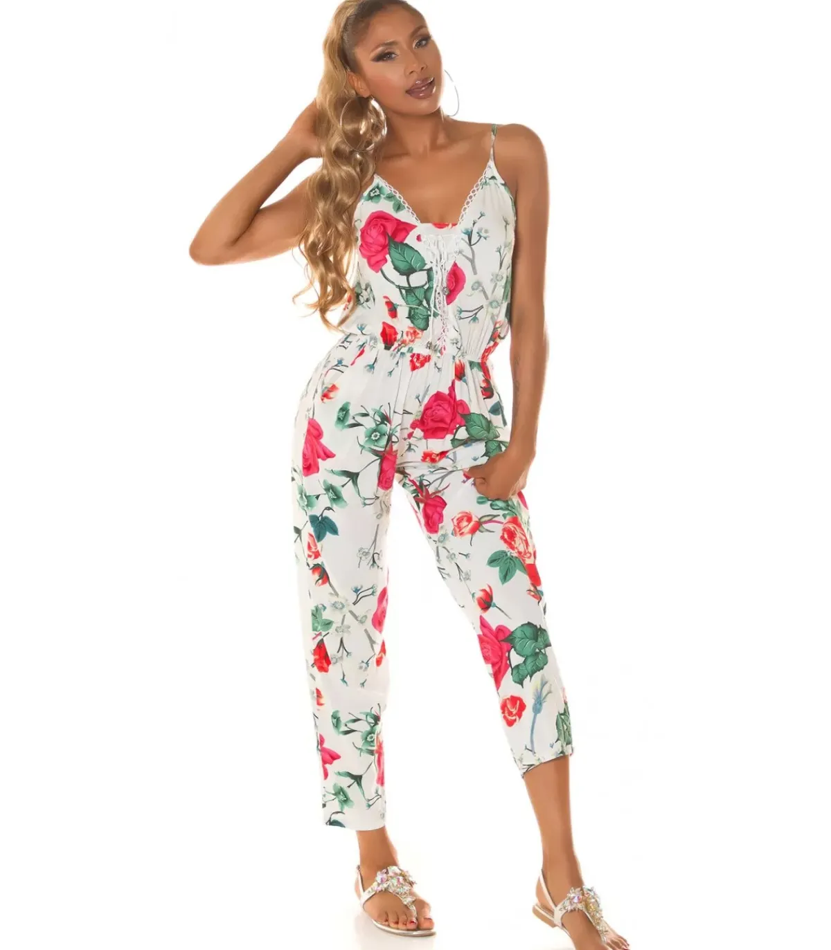 Koucla Valkoinen kukkakuvioinen jumpsuit nyörityksellä