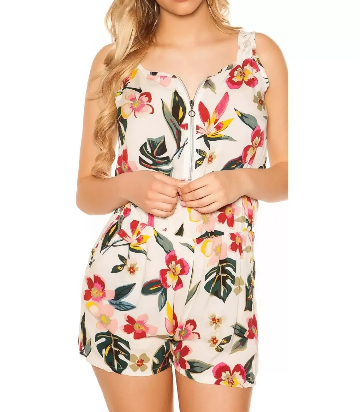 Koucla Valkoinen kukkakuvioinen vetoketjukoristeinen playsuit