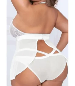 LC Valkoinen pitsikoristeinen mesh-babydoll kurkistusaukolla (plus size)