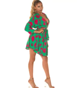 Koucla Vihreäpunainen kukkakuvioinen wrap-look v-mekko