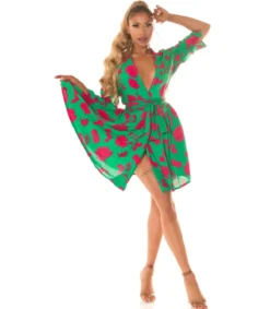 Koucla Vihreäpunainen kukkakuvioinen wrap-look v-mekko