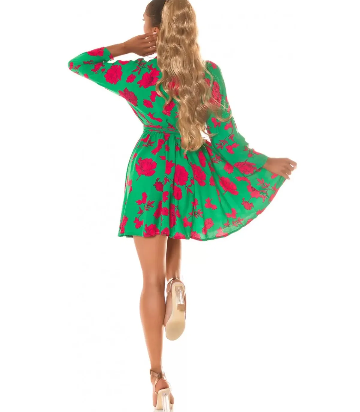 Koucla Vihreäpunainen kukkakuvioinen wrap-look v-mekko