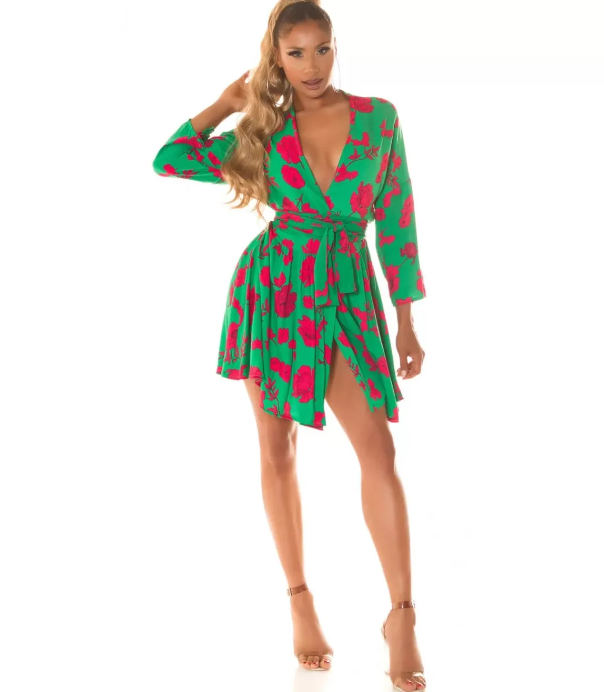 Koucla Vihreäpunainen kukkakuvioinen wrap-look v-mekko