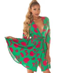 Koucla Vihreäpunainen kukkakuvioinen wrap-look v-mekko