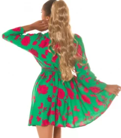 Koucla Vihreäpunainen kukkakuvioinen wrap-look v-mekko