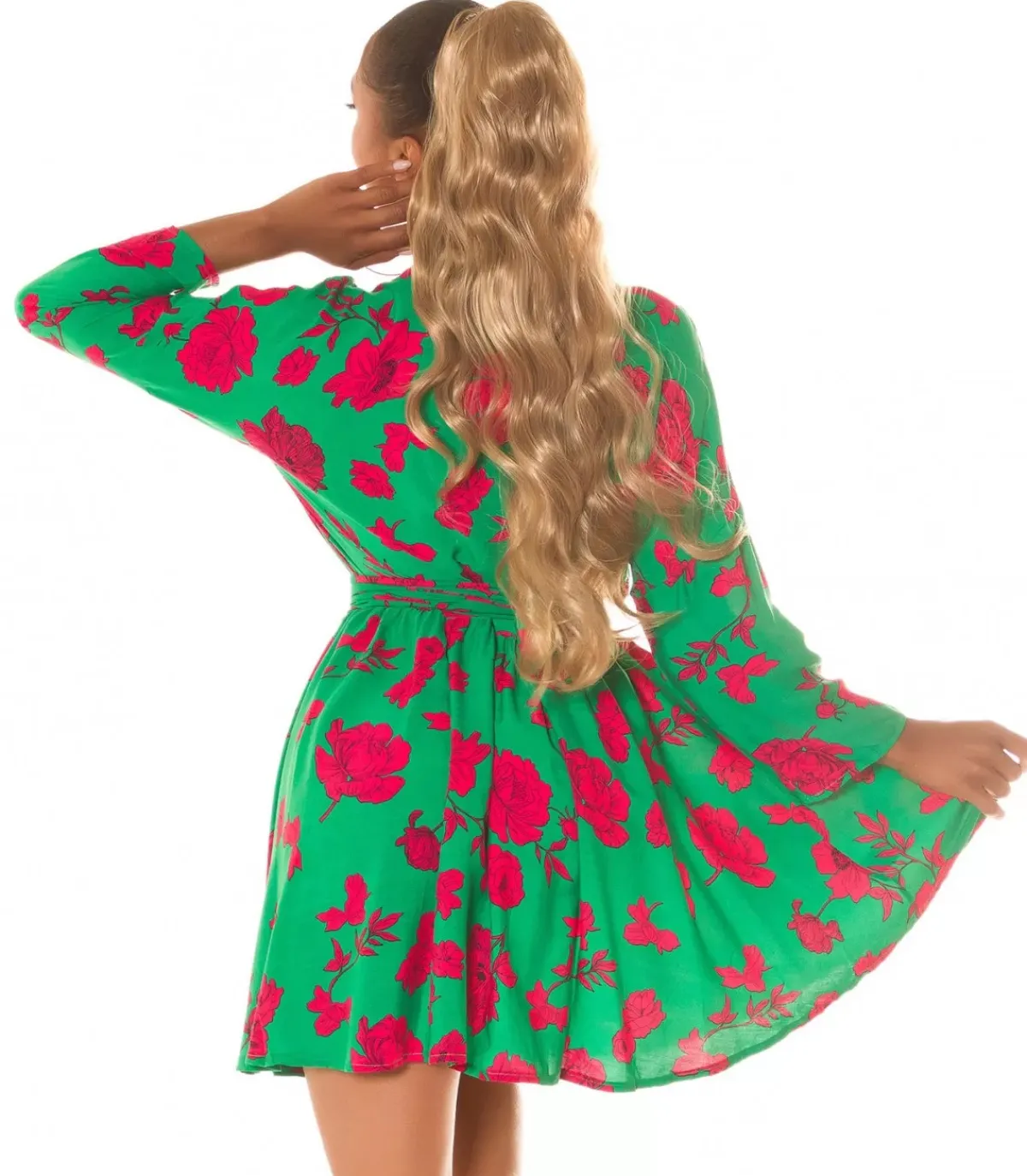 Koucla Vihreäpunainen kukkakuvioinen wrap-look v-mekko