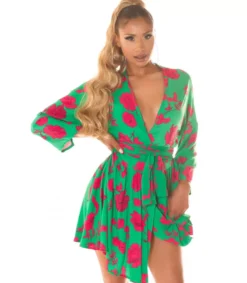 Koucla Vihreäpunainen kukkakuvioinen wrap-look v-mekko