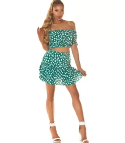 Koucla Vihreävalkoinen off-shoulder hamesetti