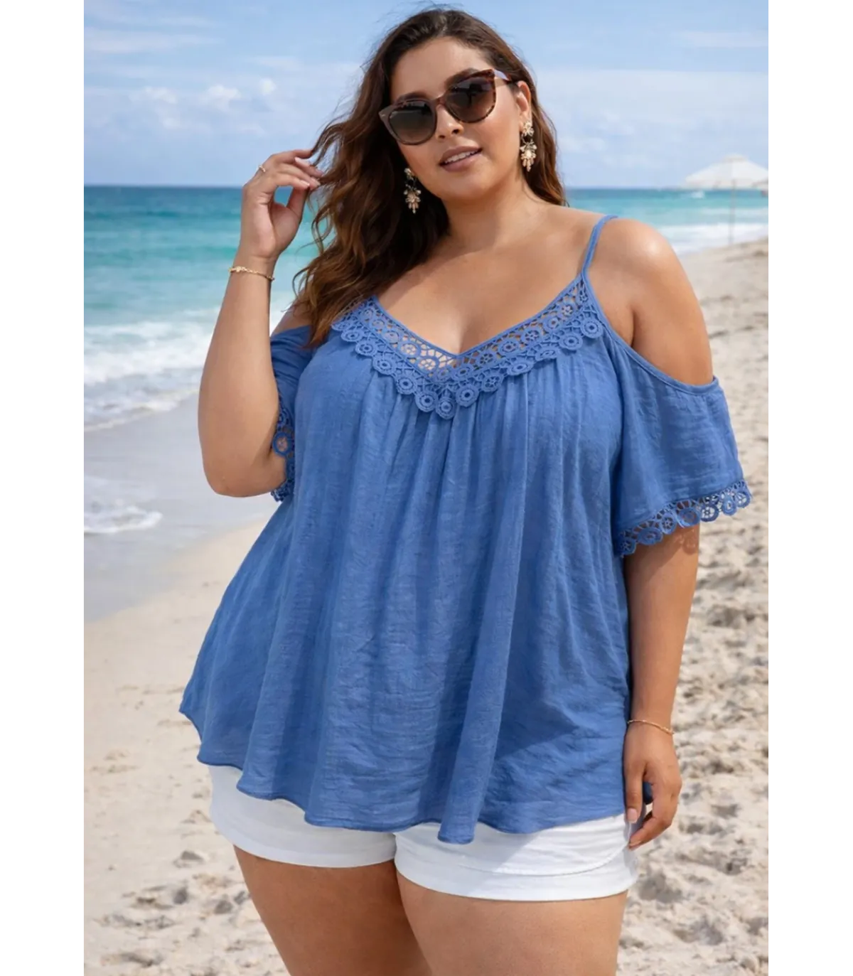 Hersecret Word Fashion koristekirjaitu vaaeansininen yhythihainen paita (pus size)