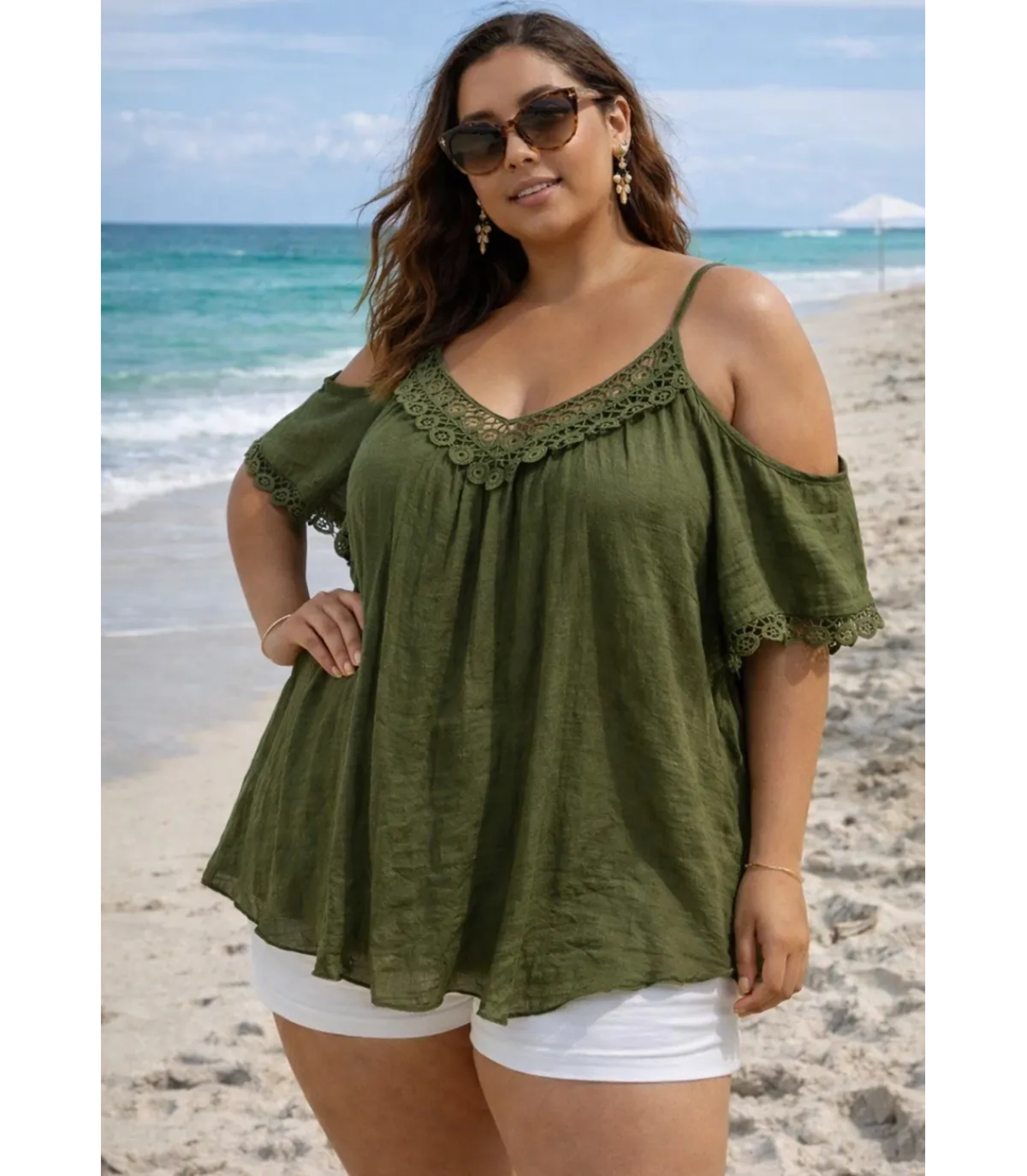 Hersecret World Fashion koristekirjailtu khaki lyhythihainen paita (plus size)